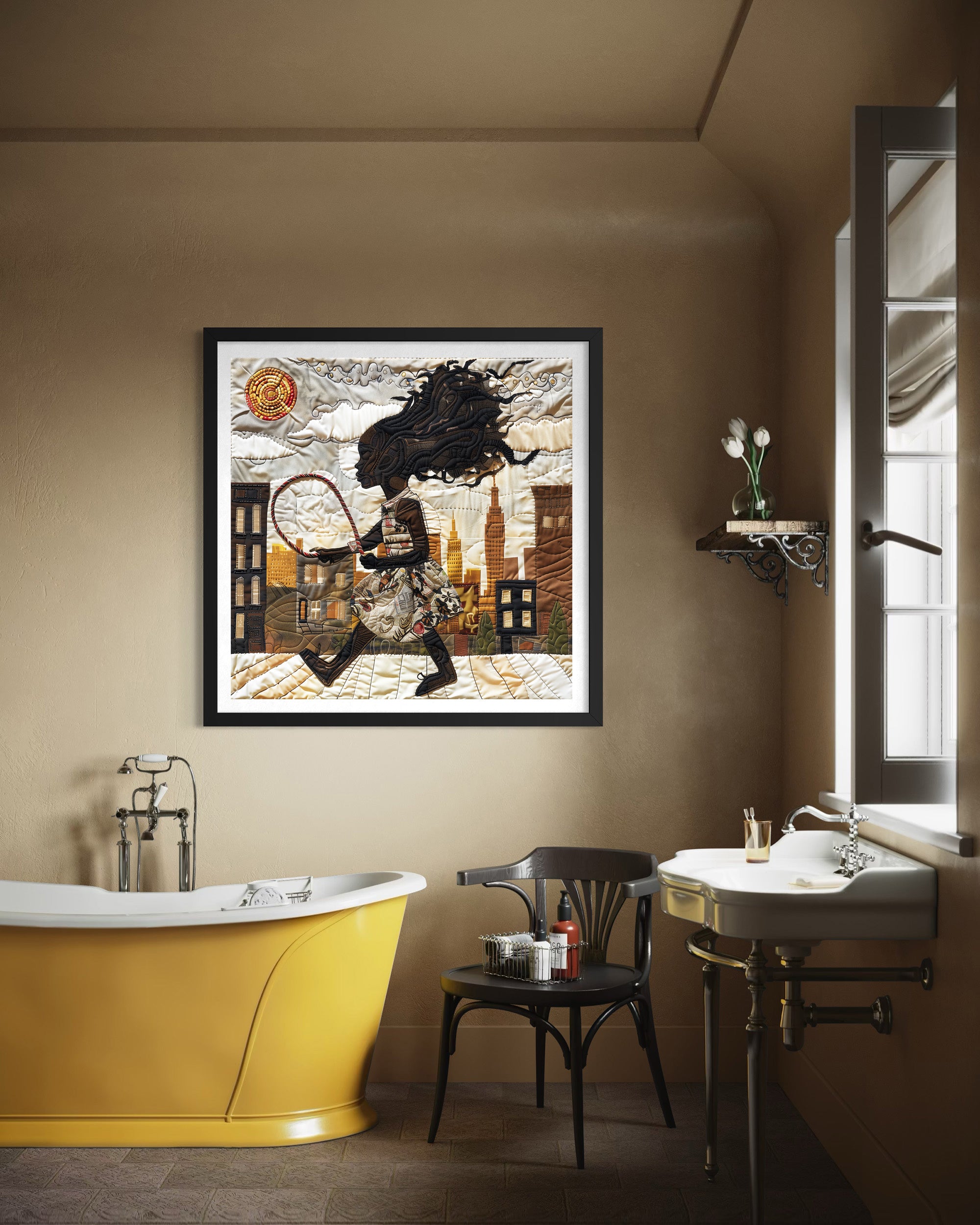 Illustration of a joyful young Black girl happily jumping rope outdoors, celebrating childhood innocence, freedom, playfulness, and Black Girl Joy through colorful Afrocentric artwork.