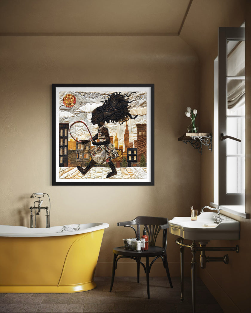 Illustration of a joyful young Black girl happily jumping rope outdoors, celebrating childhood innocence, freedom, playfulness, and Black Girl Joy through colorful Afrocentric artwork.