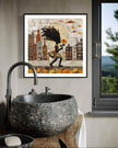 Young Black girl carrying a yellow sunflower while walking through Harlem, New York City. Her long braids blow in the wind as she passes historic brownstones. Afrocentric quilt collage artwork with textured 3D effect celebrating Black culture and childhood.