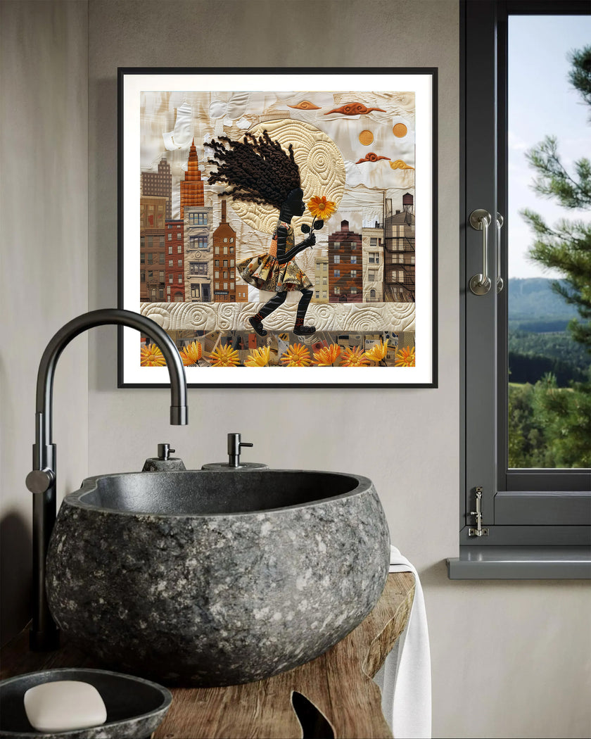 Young Black girl carrying a yellow sunflower while walking through Harlem, New York City. Her long braids blow in the wind as she passes historic brownstones. Afrocentric quilt collage artwork with textured 3D effect celebrating Black culture and childhood.