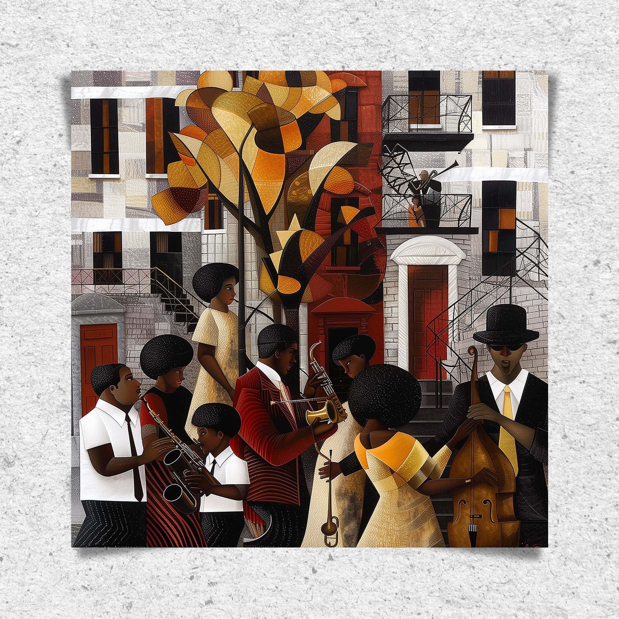 Afrocentric Harlem Renaissance Jazz Musicians Art Print featuring African American performers playing music in the Harlem neighborhood, designed in a bold Bauhaus abstract style with vibrant Afrocentric colors.