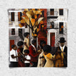 Afrocentric Harlem Renaissance Jazz Musicians Art Print featuring African American performers playing music in the Harlem neighborhood, designed in a bold Bauhaus abstract style with vibrant Afrocentric colors.