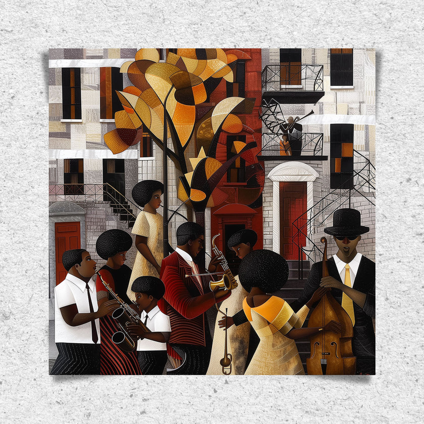 Afrocentric Harlem Renaissance Jazz Musicians Art Print featuring African American performers playing music in the Harlem neighborhood, designed in a bold Bauhaus abstract style with vibrant Afrocentric colors.