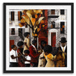 Afrocentric Harlem Renaissance Jazz Musicians Art Print featuring African American performers playing music in the Harlem neighborhood, designed in a bold Bauhaus abstract style with vibrant Afrocentric colors.