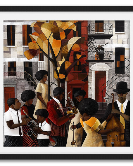 Afrocentric Harlem Renaissance Jazz Musicians Art Print featuring African American performers playing music in the Harlem neighborhood, designed in a bold Bauhaus abstract style with vibrant Afrocentric colors.