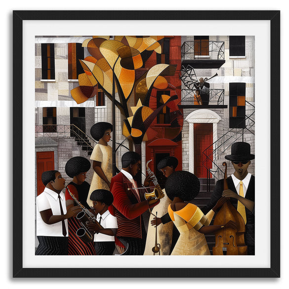 Afrocentric Harlem Renaissance Jazz Musicians Art Print featuring African American performers playing music in the Harlem neighborhood, designed in a bold Bauhaus abstract style with vibrant Afrocentric colors.