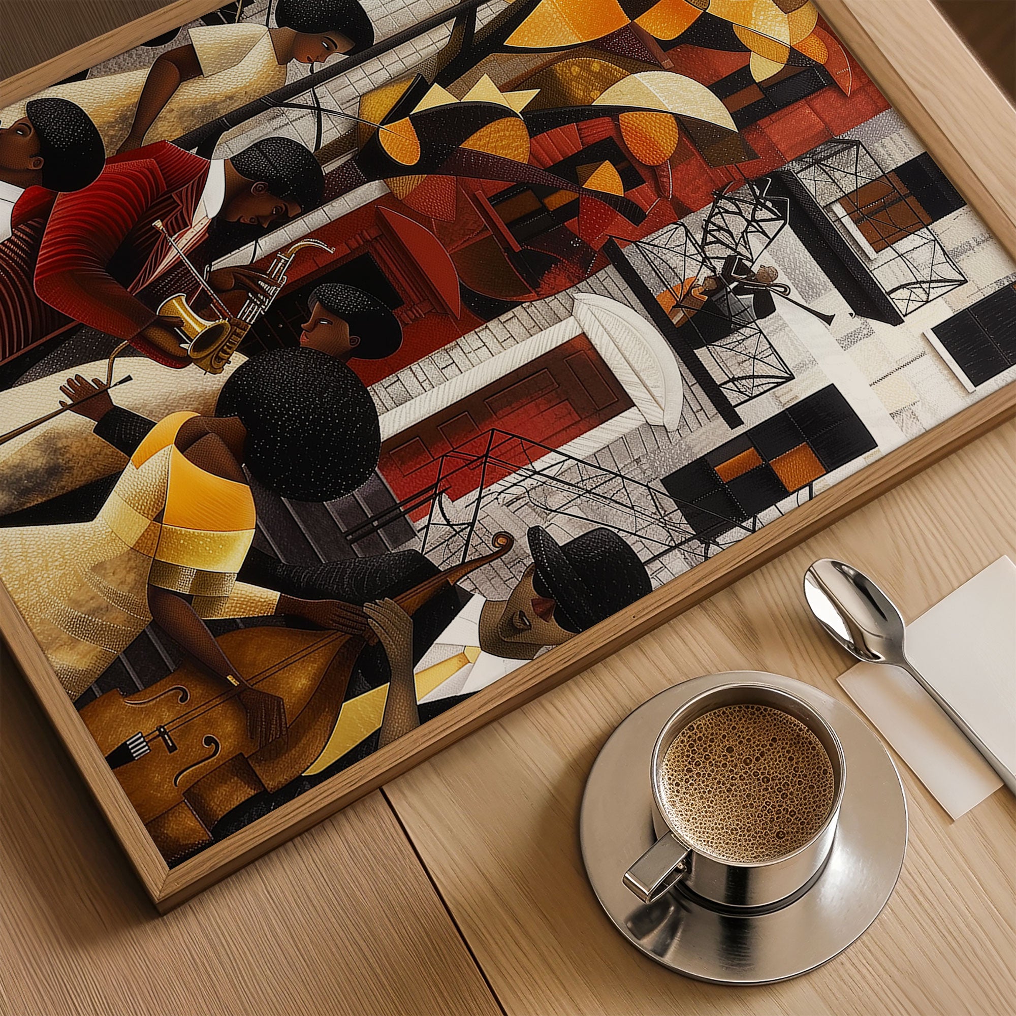 Afrocentric Harlem Renaissance Jazz Musicians Art Print featuring African American performers playing music in the Harlem neighborhood, designed in a bold Bauhaus abstract style with vibrant Afrocentric colors.