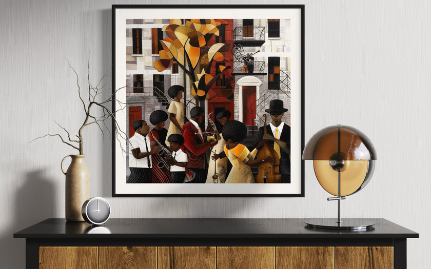Afrocentric Harlem Renaissance Jazz Musicians Art Print featuring African American performers playing music in the Harlem neighborhood, designed in a bold Bauhaus abstract style with vibrant Afrocentric colors.