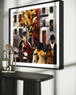 Afrocentric Harlem Renaissance Jazz Musicians Art Print featuring African American performers playing music in the Harlem neighborhood, designed in a bold Bauhaus abstract style with vibrant Afrocentric colors.