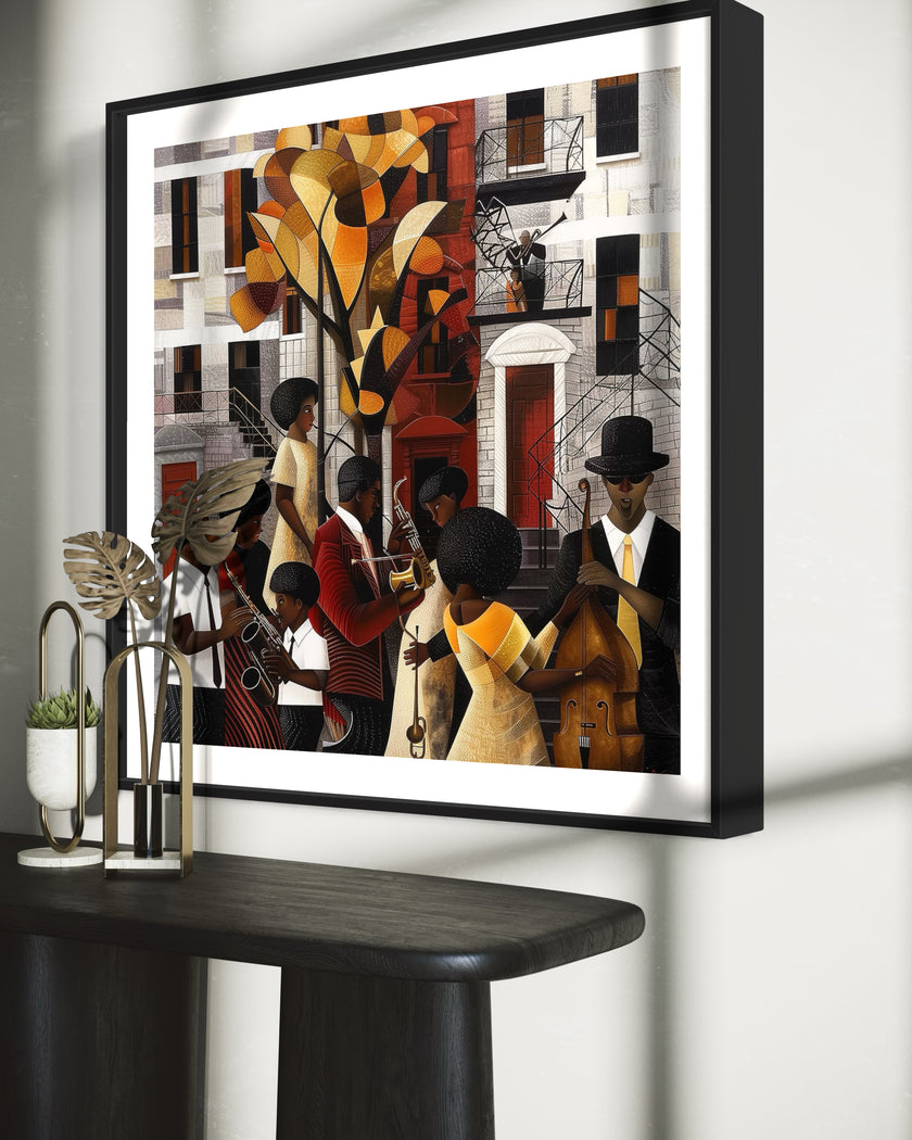 Afrocentric Harlem Renaissance Jazz Musicians Art Print featuring African American performers playing music in the Harlem neighborhood, designed in a bold Bauhaus abstract style with vibrant Afrocentric colors.