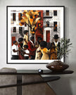 Afrocentric Harlem Renaissance Jazz Musicians Art Print featuring African American performers playing music in the Harlem neighborhood, designed in a bold Bauhaus abstract style with vibrant Afrocentric colors.