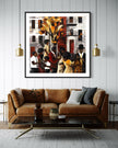 Afrocentric Harlem Renaissance Jazz Musicians Art Print featuring African American performers playing music in the Harlem neighborhood, designed in a bold Bauhaus abstract style with vibrant Afrocentric colors.