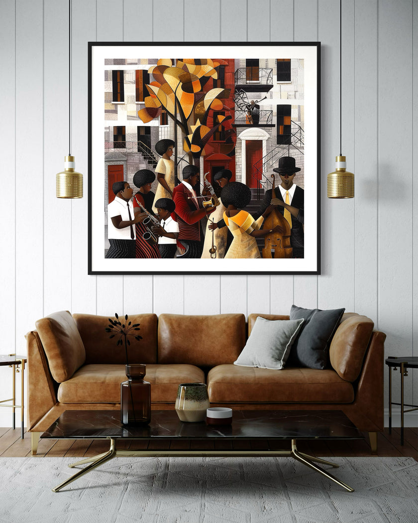 Afrocentric Harlem Renaissance Jazz Musicians Art Print featuring African American performers playing music in the Harlem neighborhood, designed in a bold Bauhaus abstract style with vibrant Afrocentric colors.