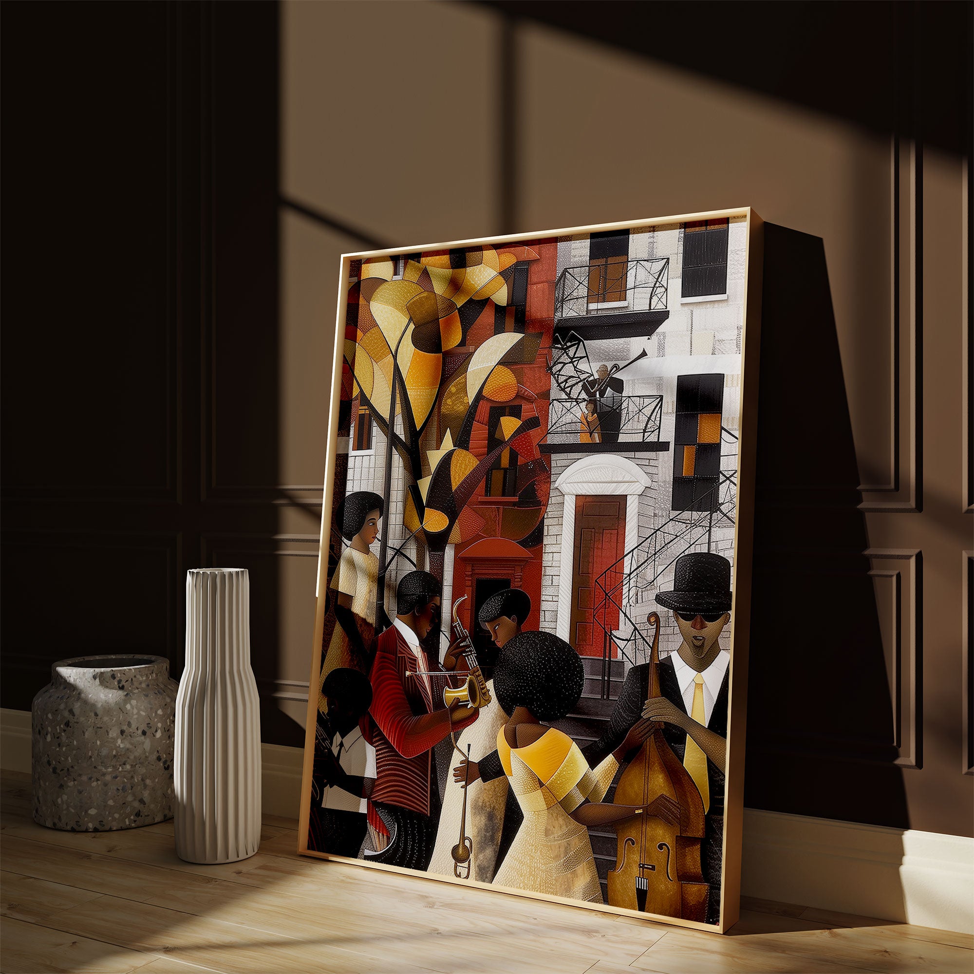 Afrocentric Harlem Renaissance Jazz Musicians Art Print featuring African American performers playing music in the Harlem neighborhood, designed in a bold Bauhaus abstract style with vibrant Afrocentric colors.