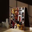 Afrocentric Harlem Renaissance Jazz Musicians Art Print featuring African American performers playing music in the Harlem neighborhood, designed in a bold Bauhaus abstract style with vibrant Afrocentric colors.