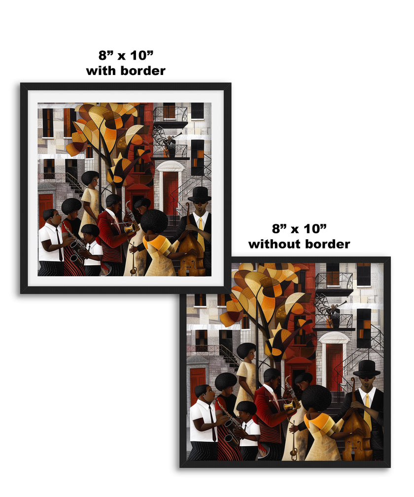Afrocentric Harlem Renaissance Jazz Musicians Art Print featuring African American performers playing music in the Harlem neighborhood, designed in a bold Bauhaus abstract style with vibrant Afrocentric colors.