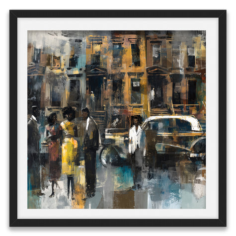Abstract dark and moody, acrylic style art print of Black people standing on a Harlem sidewalk in front of brownstone buildings with a vintage luxury car parked on the street.