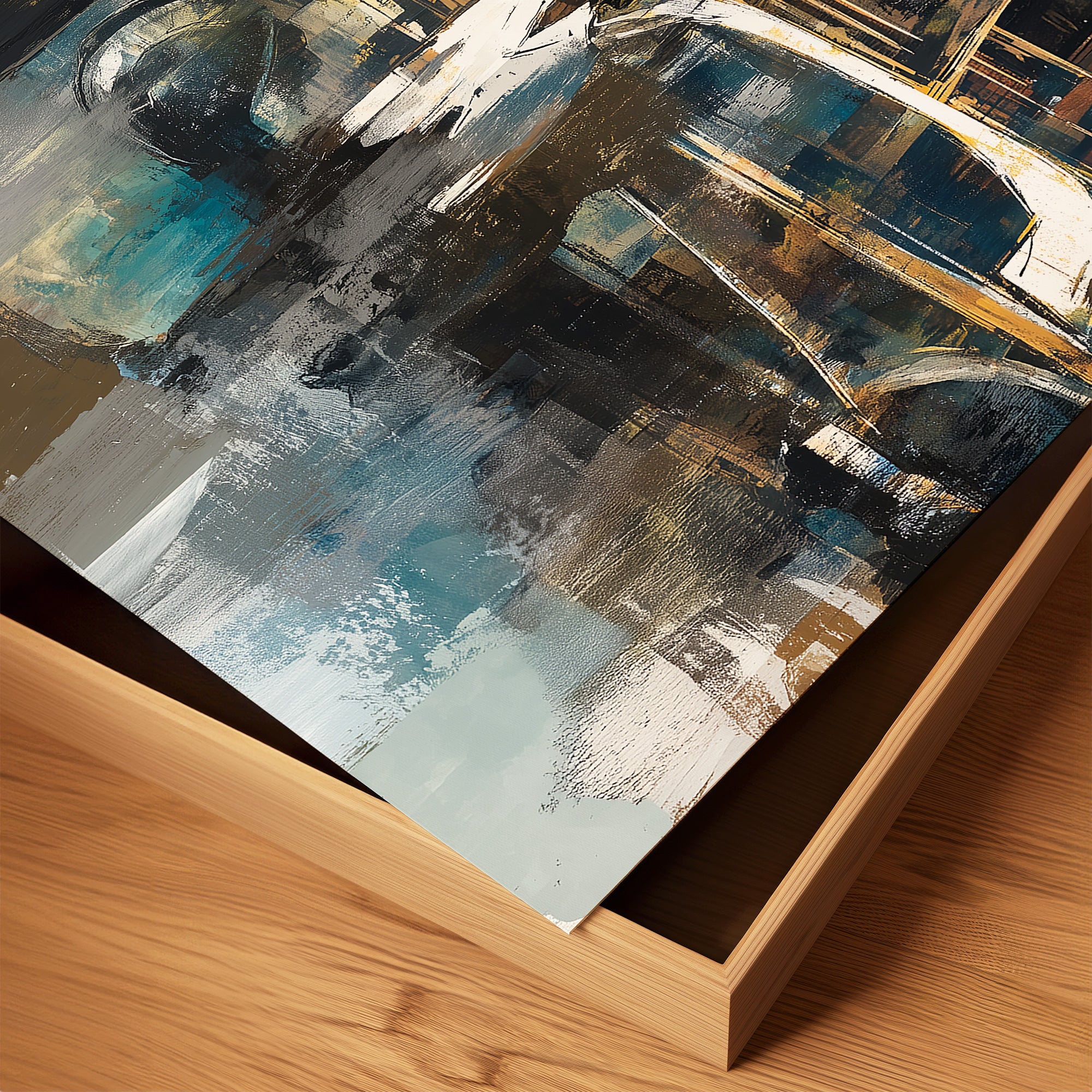 Abstract dark and moody, acrylic style art print of Black people standing on a Harlem sidewalk in front of brownstone buildings with a vintage luxury car parked on the street.