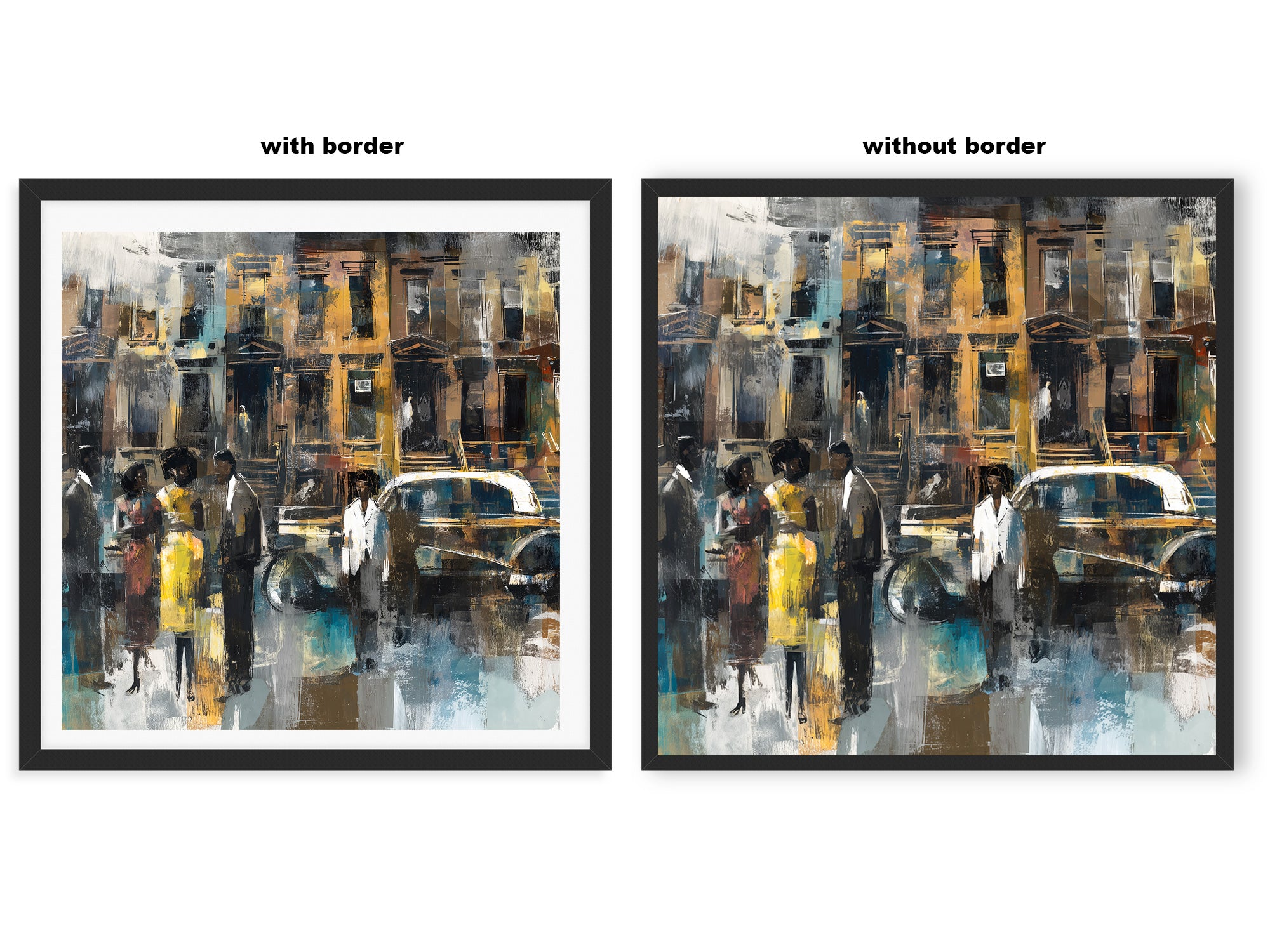Abstract dark and moody, acrylic style art print of Black people standing on a Harlem sidewalk in front of brownstone buildings with a vintage luxury car parked on the street.