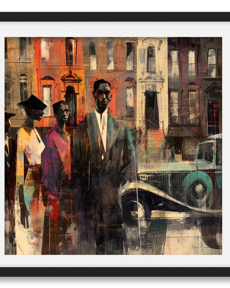 Abstract dark and moody, acrylic style art print of Black people standing on a Harlem sidewalk in front of brownstone buildings with a vintage luxury car parked on the street.