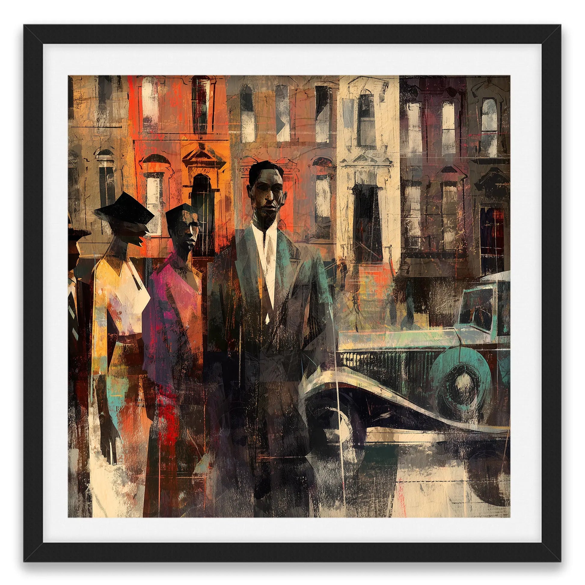 Set of 3 abstract Harlem night art prints featuring Black people socializing on brownstone streets with vintage cars and glowing lights inspired by Harlem nightlife and the Cotton Club.