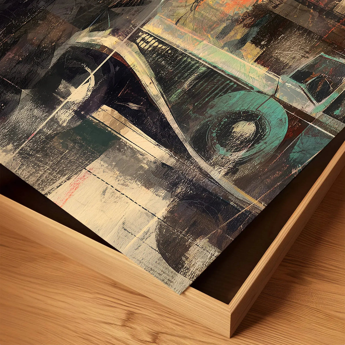 Abstract dark and moody, acrylic style art print of Black people standing on a Harlem sidewalk in front of brownstone buildings with a vintage luxury car parked on the street.