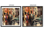 Abstract dark and moody, acrylic style art print of Black people standing on a Harlem sidewalk in front of brownstone buildings with a vintage luxury car parked on the street.