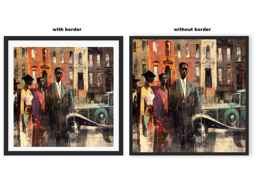 Abstract dark and moody, acrylic style art print of Black people standing on a Harlem sidewalk in front of brownstone buildings with a vintage luxury car parked on the street.