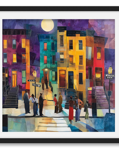 Abstract dark and moody, acrylic style art print of Black people standing on a Harlem sidewalk in front of iconic brownstone buildings.