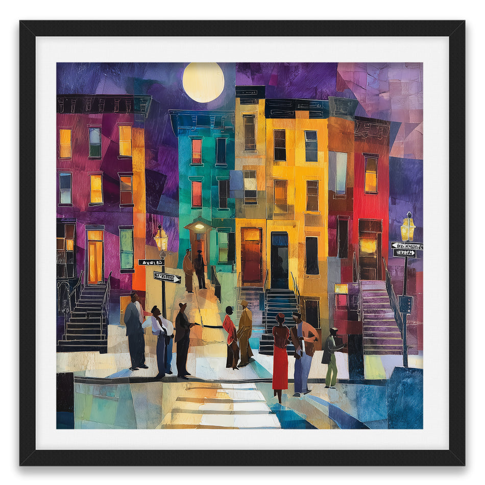 Abstract dark and moody, acrylic style art print of Black people standing on a Harlem sidewalk in front of iconic brownstone buildings.