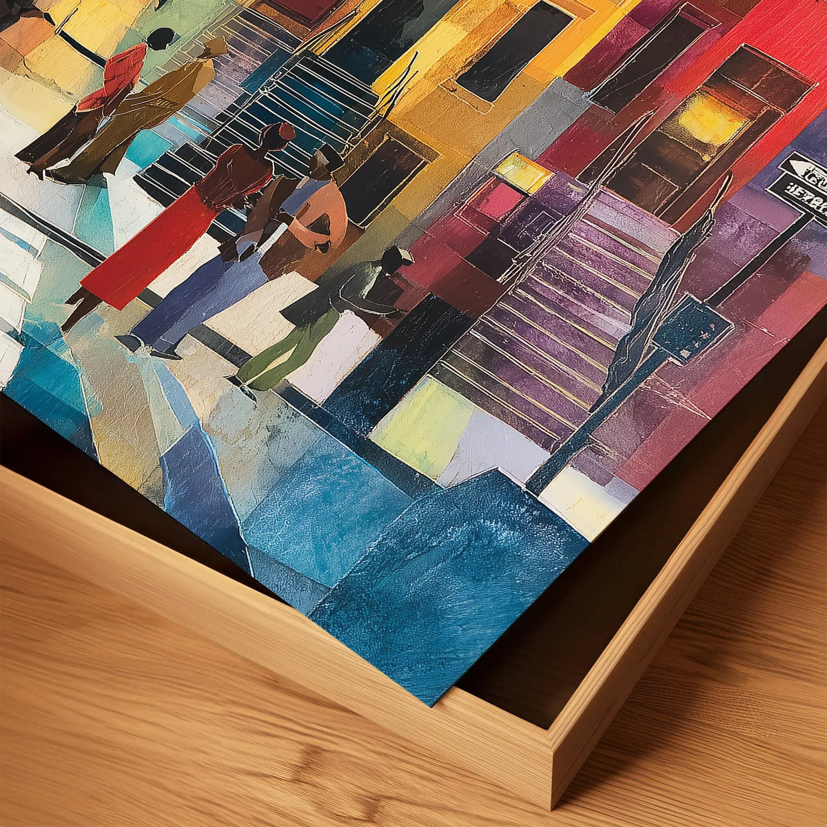 Abstract dark and moody, acrylic style art print of Black people standing on a Harlem sidewalk in front of iconic brownstone buildings.