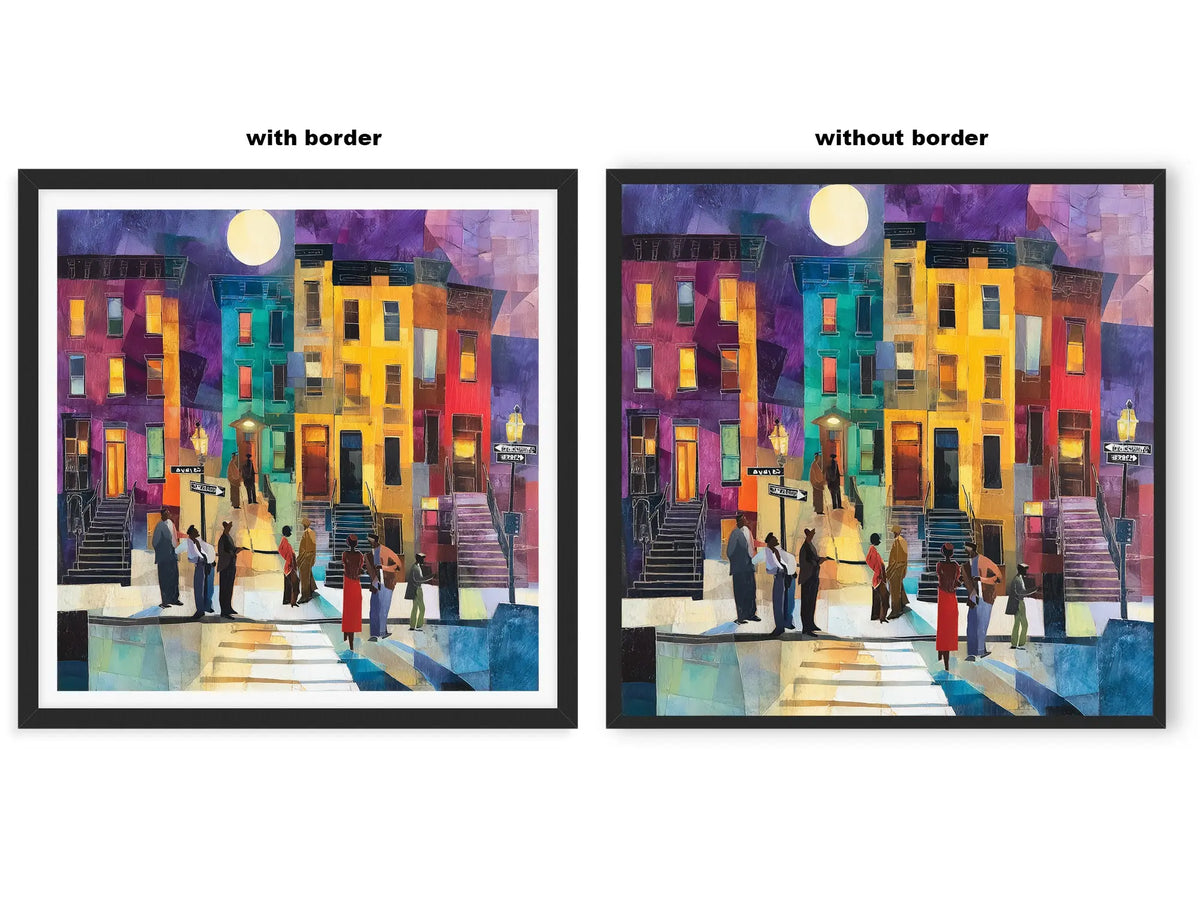 Abstract dark and moody, acrylic style art print of Black people standing on a Harlem sidewalk in front of iconic brownstone buildings.