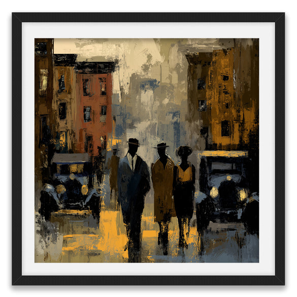 Abstract dark and moody, acrylic style art print of Black people standing on a Harlem street with iconic brownstones and vintage vehicles parked on the street.