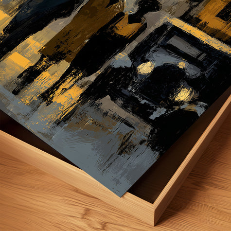 Abstract dark and moody, acrylic style art print of Black people standing on a Harlem street with iconic brownstones and vintage vehicles parked on the street.