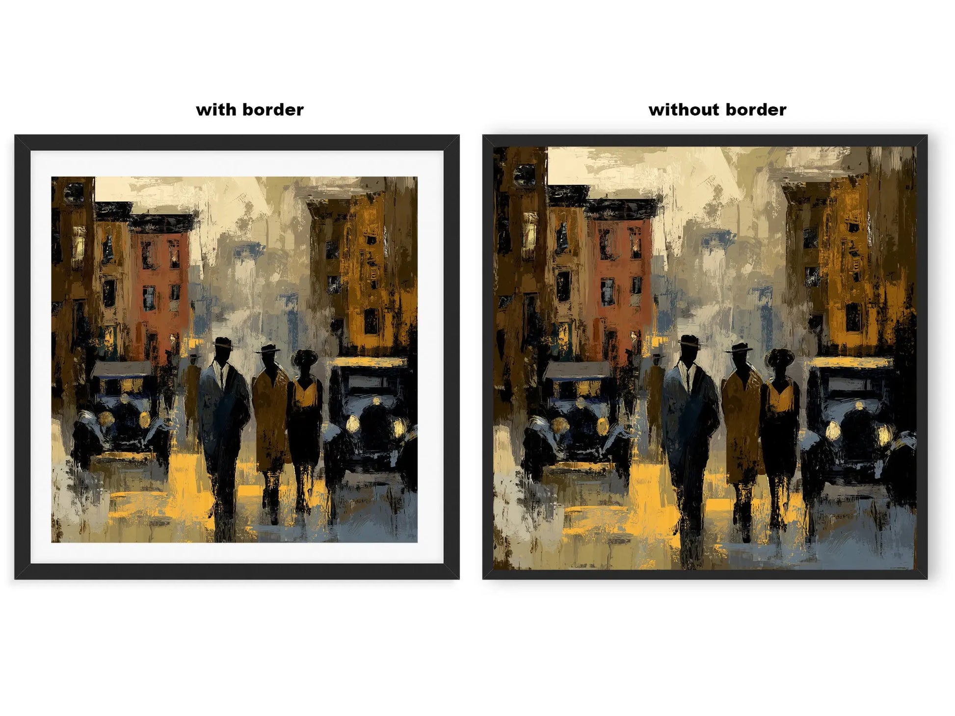 Set of 3 abstract Harlem night art prints featuring Black people socializing on brownstone streets with vintage cars and glowing lights inspired by Harlem nightlife and the Cotton Club.