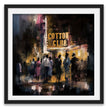 Harlem Cotton Club art print showing Black people standing outside the historic jazz nightclub with a glowing marquee at night in a Harlem Renaissance style street scene.