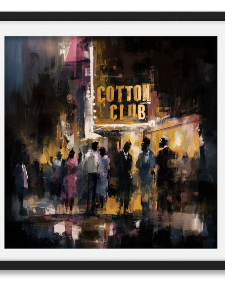 Harlem Cotton Club art print showing Black people standing outside the historic jazz nightclub with a glowing marquee at night in a Harlem Renaissance style street scene.