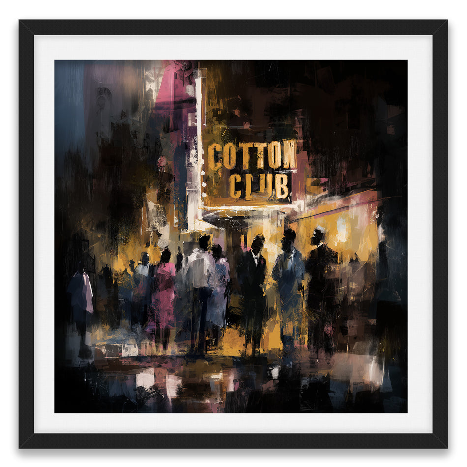 Harlem Cotton Club art print showing Black people standing outside the historic jazz nightclub with a glowing marquee at night in a Harlem Renaissance style street scene.