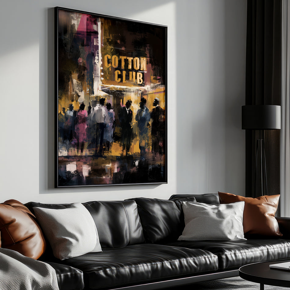Harlem Cotton Club art print showing Black people standing outside the historic jazz nightclub with a glowing marquee at night in a Harlem Renaissance style street scene.