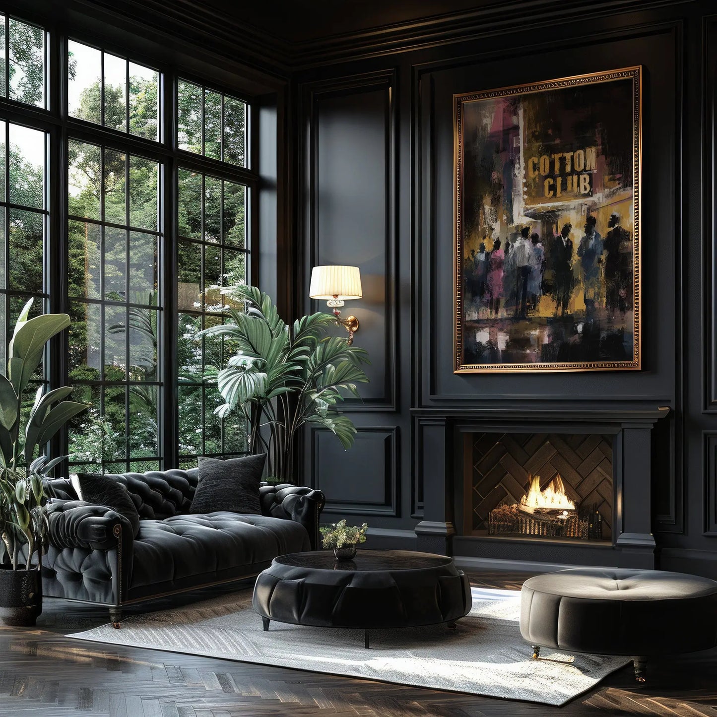 Framed Harlem Cotton Club art print in an ornate gold textured frame displayed on a dramatic black wall above a blazing fireplace, surrounded by black furnishings in a sophisticated living room.