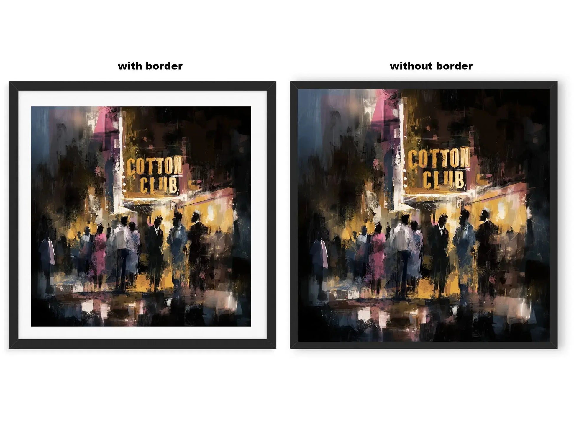 Side-by-side comparison of with border and without border for fine art print formats, showing how the same artwork is displayed in different framing styles to suit various home décor styles.