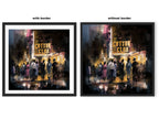Harlem Cotton Club art print showing Black people standing outside the historic jazz nightclub with a glowing marquee at night in a Harlem Renaissance style street scene.