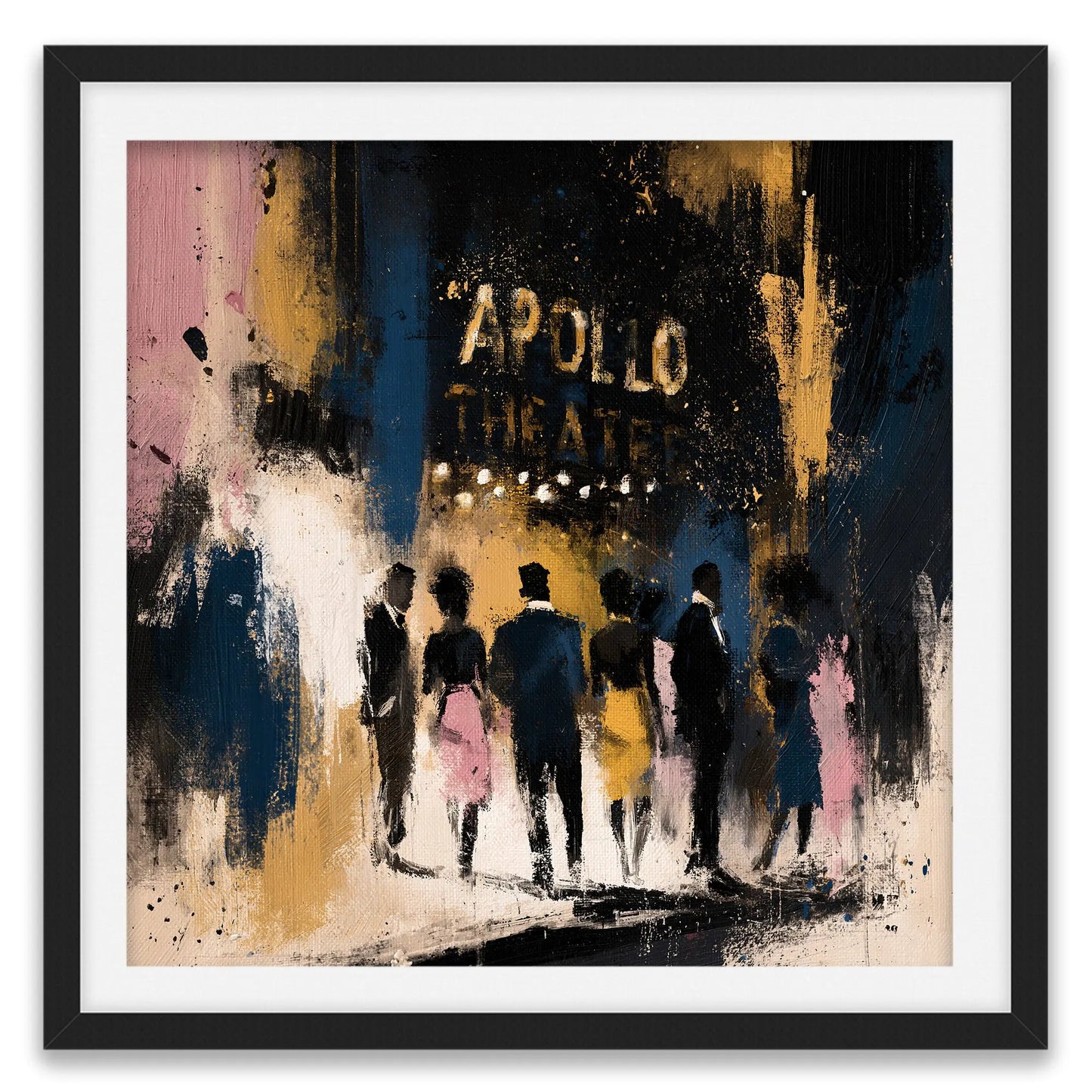 Abstract Harlem night scene featuring the illuminated Apollo Theater marquee, historic New York City streets, and vibrant Afrocentric artistic style celebrating Harlem's cultural legacy.