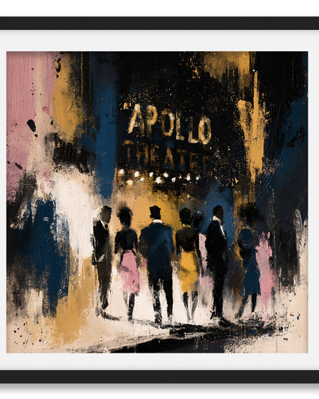 Abstract Harlem night scene featuring the illuminated Apollo Theater marquee, historic New York City streets, and vibrant Afrocentric artistic style celebrating Harlem's cultural legacy.