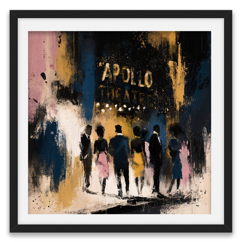 Abstract Harlem night scene featuring the illuminated Apollo Theater marquee, historic New York City streets, and vibrant Afrocentric artistic style celebrating Harlem's cultural legacy.