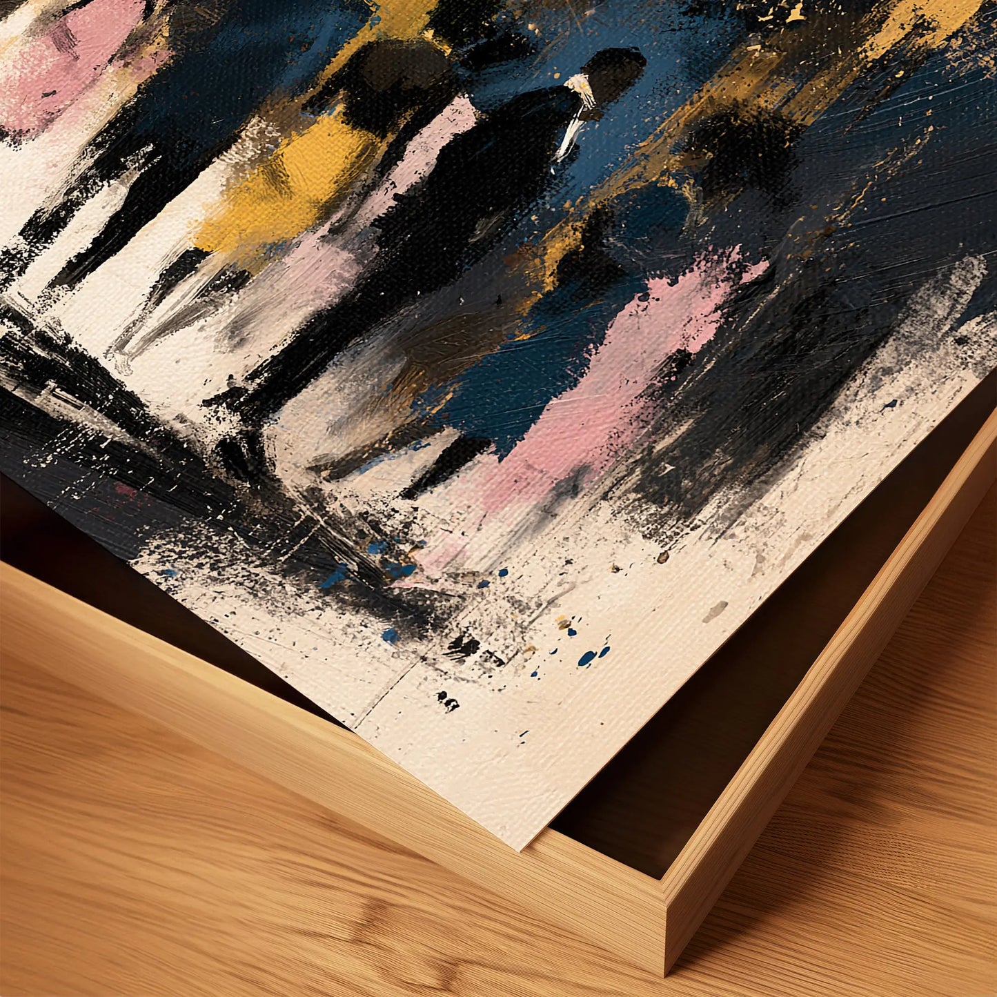 Abstract Harlem night scene featuring the illuminated Apollo Theater marquee, very close up edge of print to show details of texture and brush strokes.