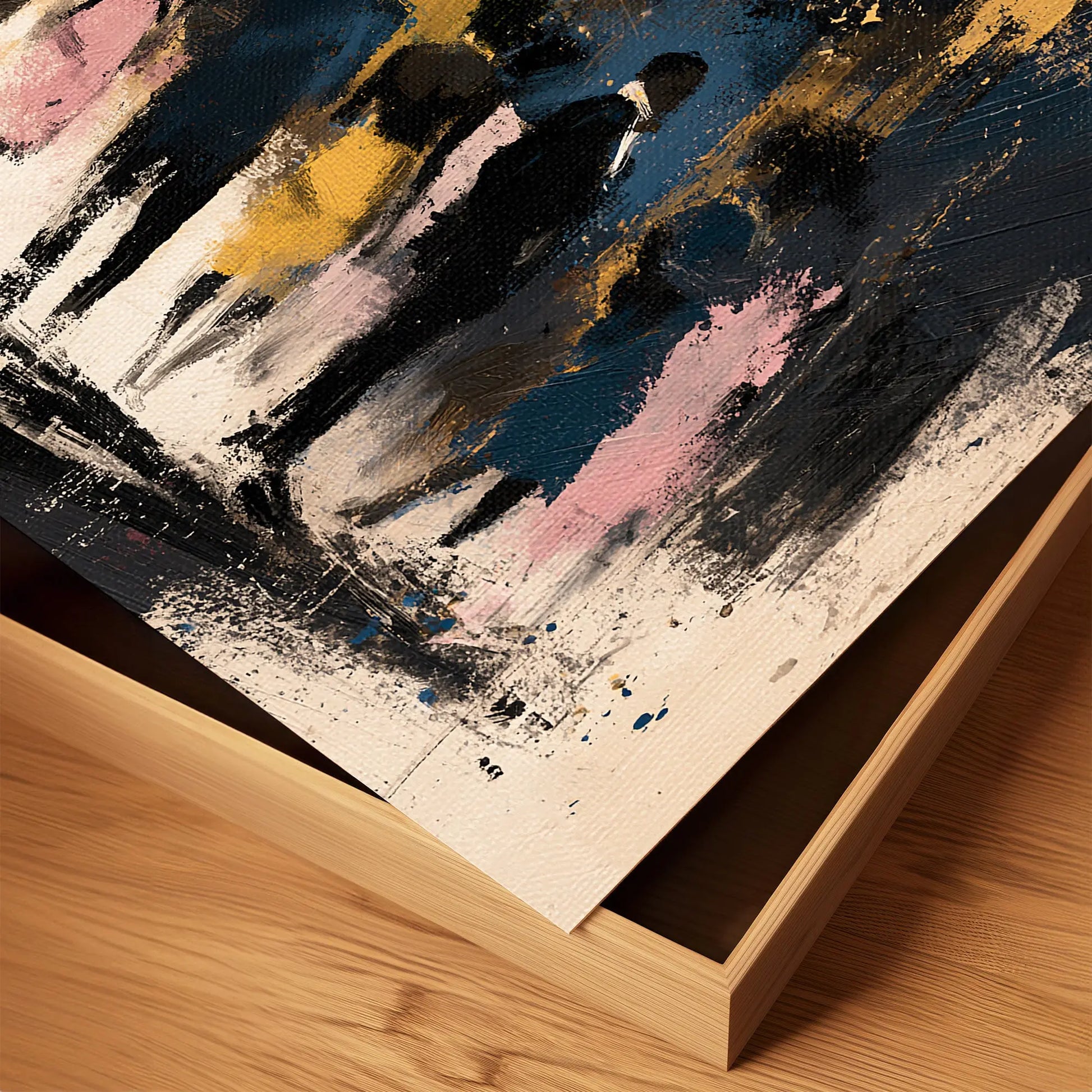 Abstract Harlem night scene featuring the illuminated Apollo Theater marquee, very close up edge of print to show details of texture and brush strokes.