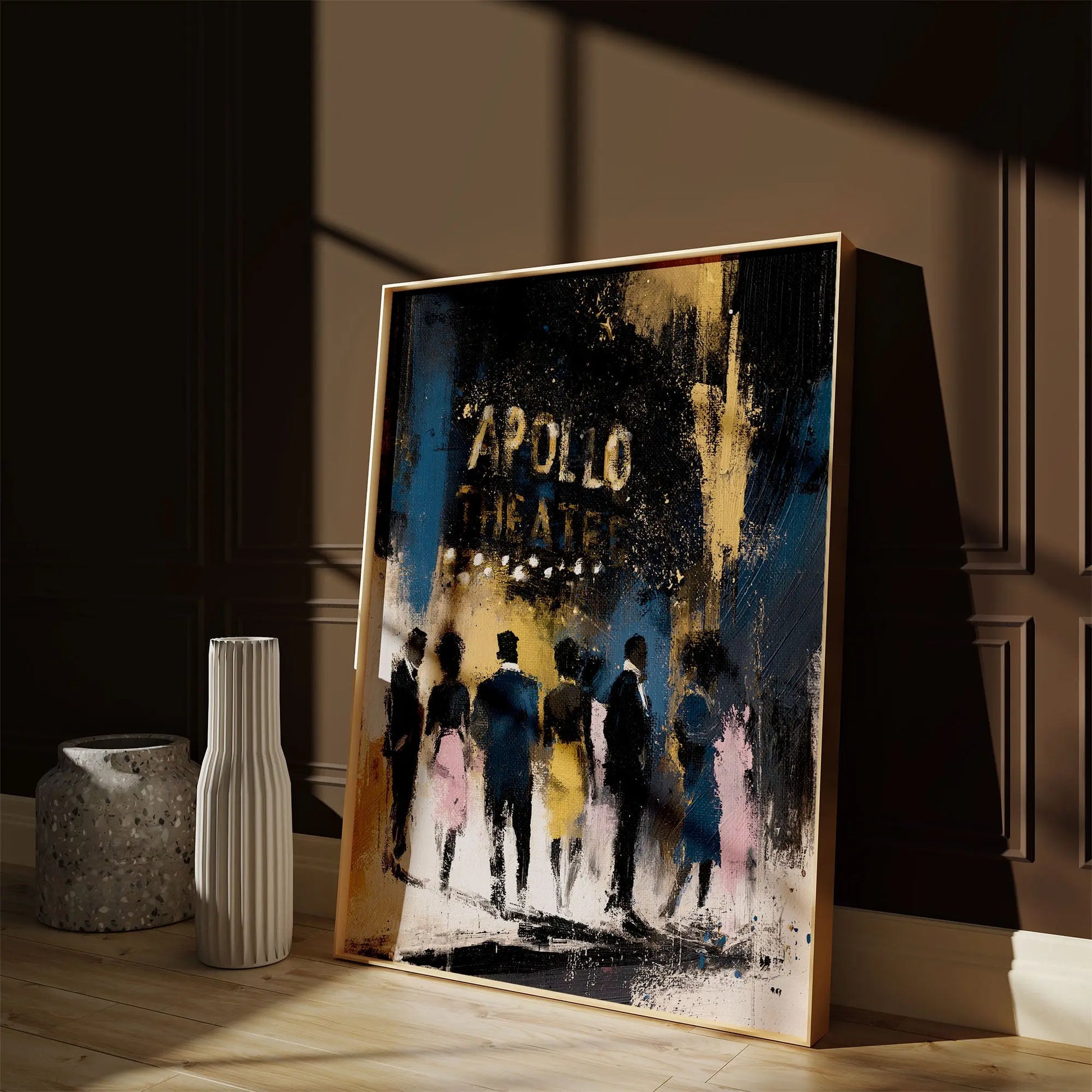 Abstract Harlem night scene featuring the illuminated Apollo Theater marquee, framed on floor with sunlight streaming through window.