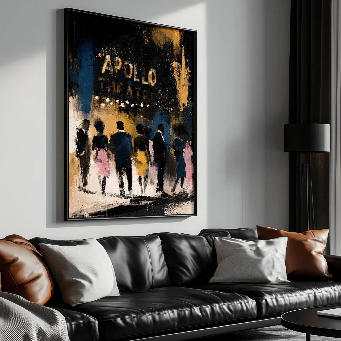Abstract Harlem night scene featuring the illuminated Apollo Theater marquee, framed hung on wall over a black leather sofa.