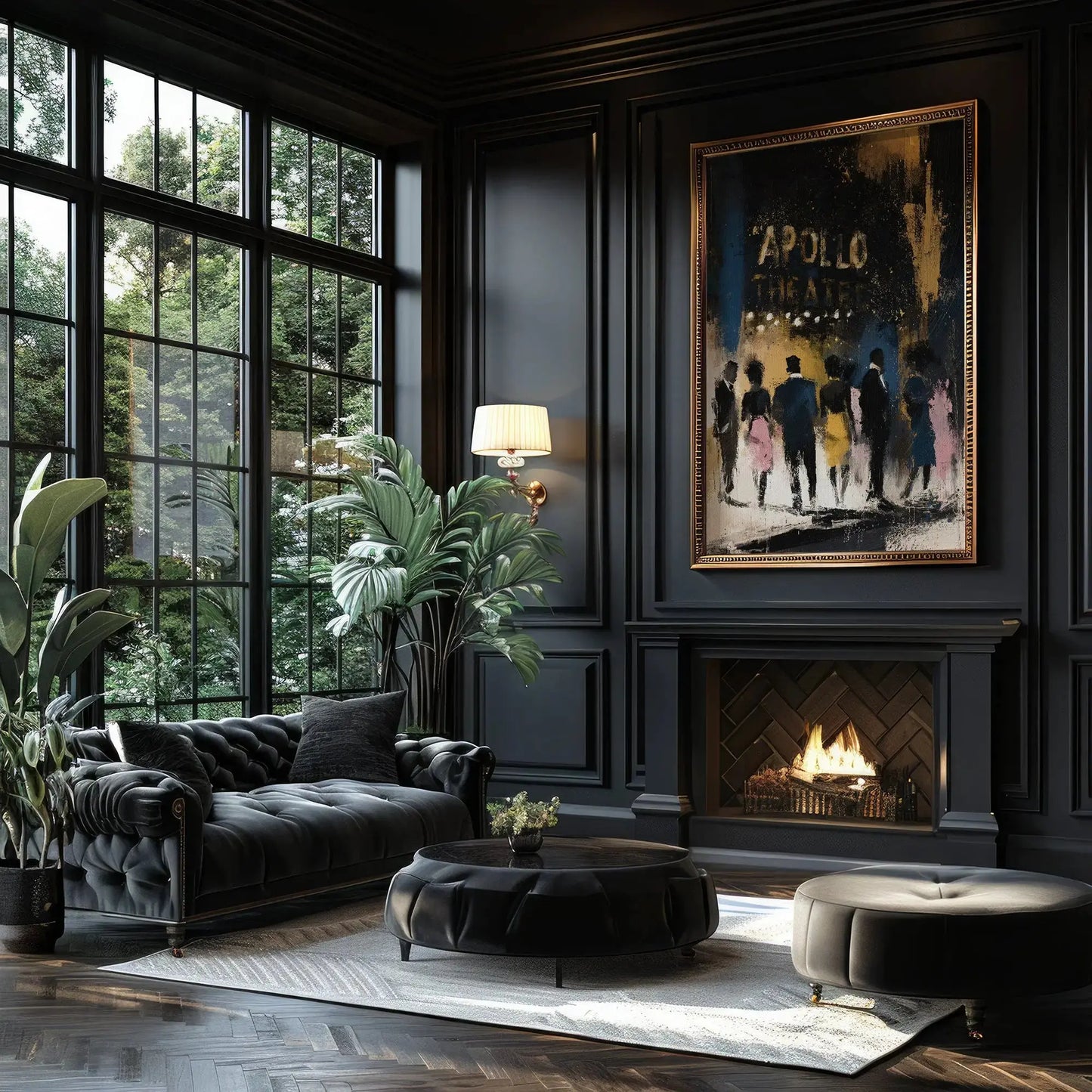 A luxurious dark living room featuring a black tufted chaise lounge, a round ottoman, a black coffee table, and a large framed Apollo Theatre fine art print on a black paneled wall above a fireplace.